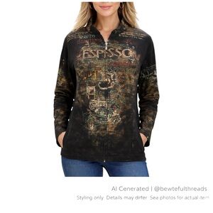 Cactus XL Black Coffee Graphic Zip Jacket Stretch Bling Vintage
